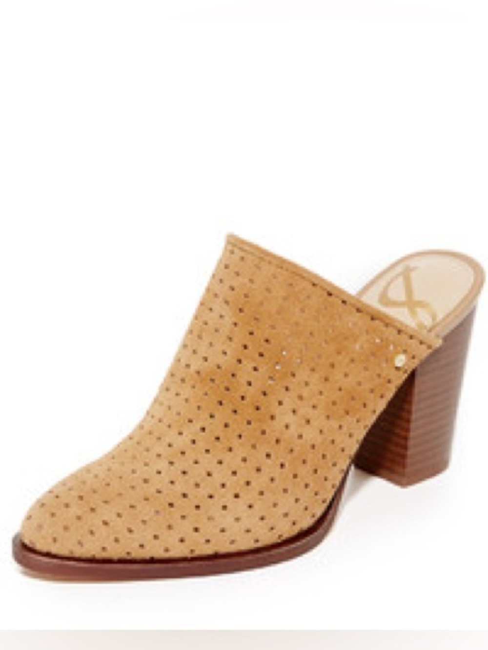 Sam Edelman Bates Perforated Suede Mules Size 9.5 Tan Almond Toe Stacked Heels